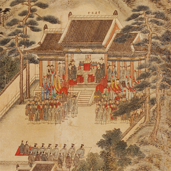 사진. <동래부사접왜사도> 세부. 왜사숙배식(倭使肅拜式). 일본 사신이 조선 임금의 전패에 예를 올리는 숙배 장면