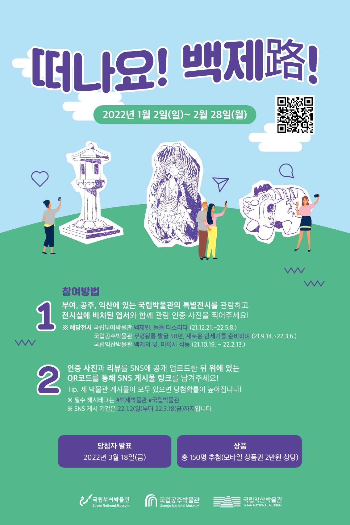 떠나요! 백제路! 2022년 1월2일 (일)~2월 28일(월) 참여방법 1 부여, 공주, 익산에 있는 국립박물관의 특별전시를 관람하고 전시실에 비치된 엽서와 함께 관람 인증 사진을 찍어주세요! ※ 해당전시 국립주여박물관 백제인, 돌을 다스리다(21.12.21.~22.5.8.) 국립공주박물관 무령왕릉 발굴 50년, 새로운 반세기를 준비하며(21.9.14.~22.3.6.) 국립익산박물관 백제의 빛, 미륵사 석등(21.10.19.~22.2.13.) 2 인증 사진과 리뷰를 SNS에 공개 업로드한 뒤 위에 있는 QR코드를 통해 SNS 게시물 링크를 남겨주세요! Tip. 세 박물관 게시물이 모두 있으면 당첨확률이 높아집니다! ※ 필수 해시태그는 #백제박물관 #국립박물관 ※ SNS 게시 기간은 22.1.2.(일)부터 22.3.18.(금)까지 입니다. 당첨자 발표 2022년 3월 18일(금) 상품 총 150명 추첨(모바일 상품권 2만원 상당) 국립부여박물관 국립공주박물관 국립익산박물관