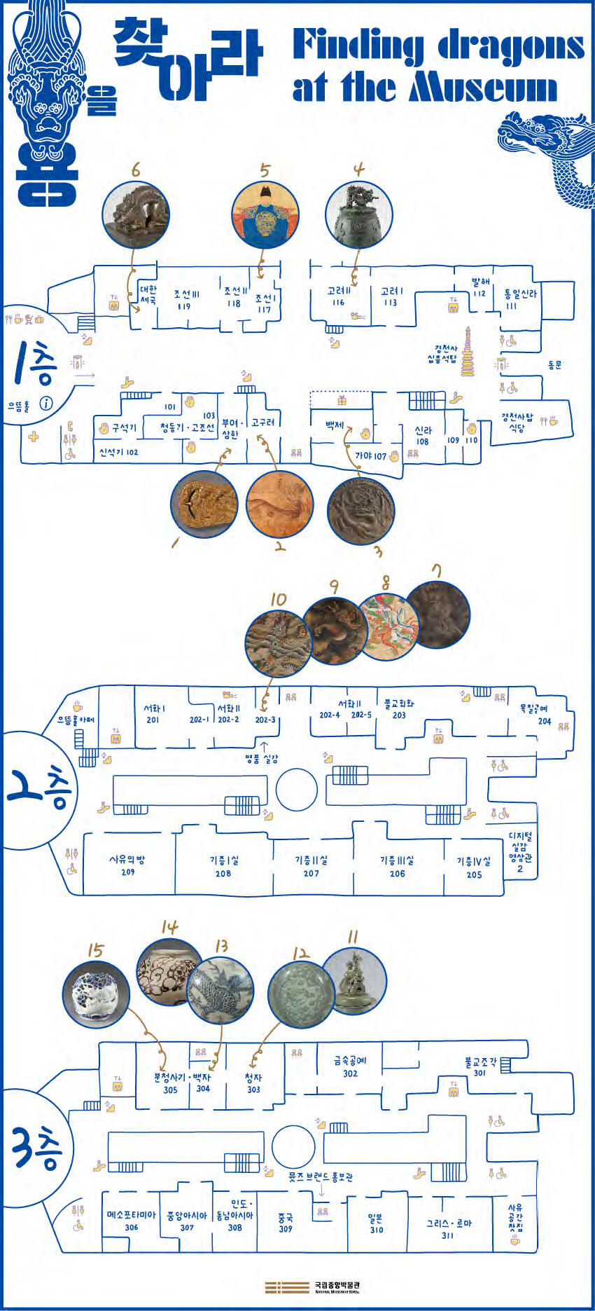 전시품 안내도 용을 찾아라 Finding dragons at the Museum 1층에 1, 2, 3, 4, 5, 6, 2층에 7, 8, 9, 10,, 3층에 11, 12, 13, 14, 15