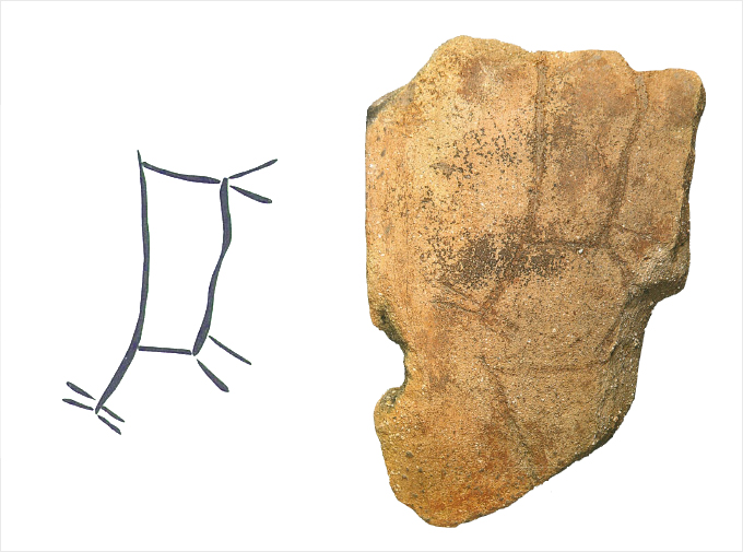 사슴 무늬 토기조각, 부산 동삼동, 신석기시대, 길이 8.7cm, 복천박물관 (『시간을 비우는 존재, 사슴』, 국립김해박물관, 2015, 49쪽 사진)