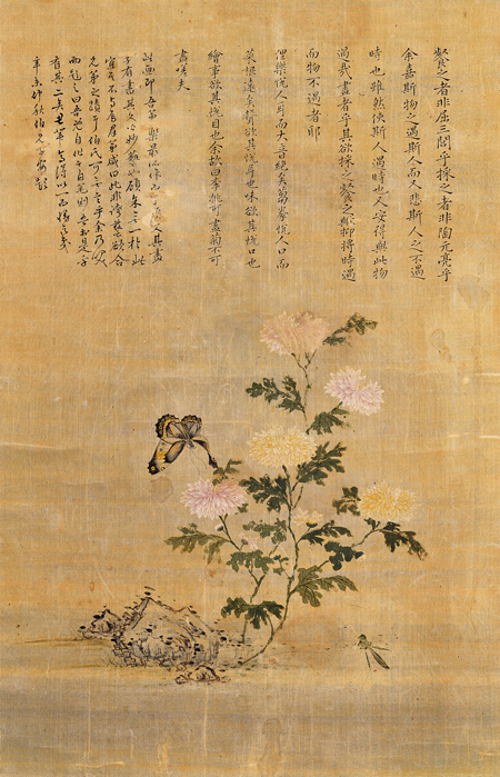 홍낙최, <국화와 나비>, 조선 1751년, 비단에 엷은 색, 61.2×39.2cm, 덕수2483