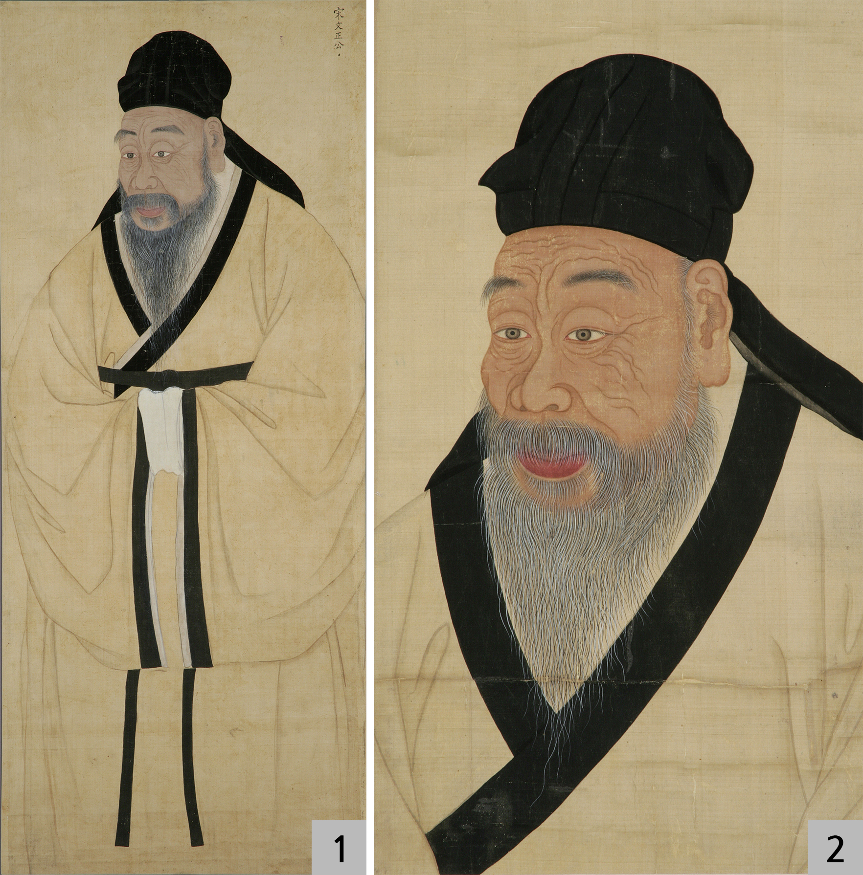  1. 작가미상, <송시열 초상>, 조선 19세기, 비단에 채색, 124.2×52.1cm, 덕수2793 2. 작가미상, <송시열 초상>, 조선 19세기, 비단에 채색,55.8×33.2cm, 동원2531