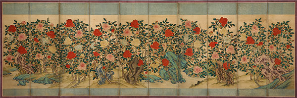 작자 모름, <모란도 10폭 병풍>, 조선 1820년대, 비단에 색, 194.0×580.0cm(병풍 전체), 본8165  