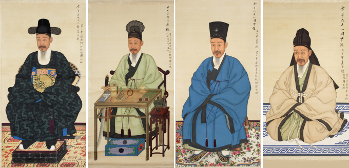  <i>Versions of Portrait of Yi Haeung</i> (from left to right, dimensions include mounting); “<i>Heukdallyeongpo</i>” Version (黑團領袍本), 170.2 × 77.1cm; “<i>Waryonggwan Hakchangui</i>” Version (臥龍冠鶴氅衣本), 169.9 × 77.4cm; “Heukgeon Cheongpo” Version (黑巾靑袍本), 170.5 × 75.0cm; and “<i>Bokgeon Simui</i>” Version (幅巾深衣本), 153.2 × 75.7cm; Treasure 1499-1, Seoul Museum of History (© <i>Regent Heungseon Daewongun and People of Unhyeongung Palace</i>, Seoul: Seoul Museum of History, 2007, pp. 16-31.) 