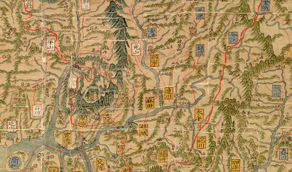 Detail of Dongguk Daejido (“Complete Map of the Eastern Country”), Jeong Sanggi, Joseon Dynasty (1755-1767), 2.72 × 1.47 m, Treasure #1538 