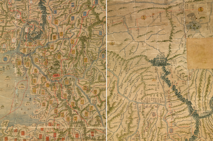  “Dongguk” means “Eastern Country,” a common moniker for the country of Korea at the time, while “Daejido” means “large and complete map.” As the name suggests, the map is quite large in size, measuring 2.72 meters tall and 1.47 m long. 