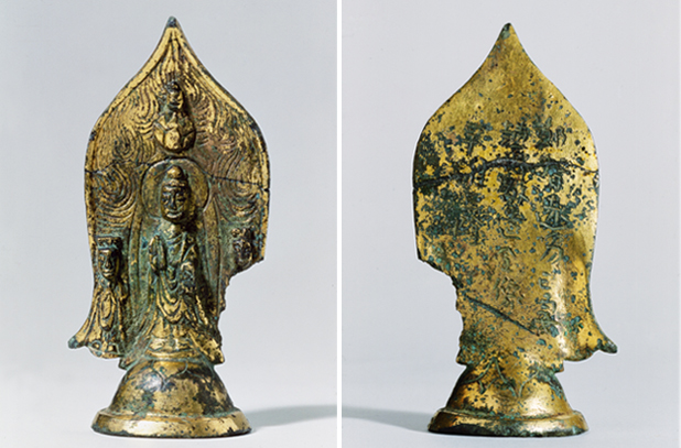 Gilt-bronze Buddha triad with inscription about Jeong Jiwon, Busosanseong Fortress in Buyeo (1919), Baekje (6th century), H: 8.5 cm, Treasure, M335-2