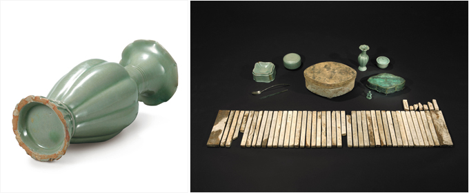  (Right) Other celadon objects found in the tomb of King Injong. With precise shapes and minimal decoration, these objects demonstrate the refined taste of the Goryeo royal court. 