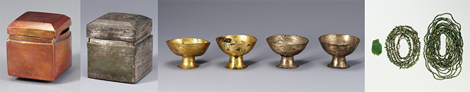  reliquaries (from left to right): gold case, silver case, gold and silver mounted cups, and glass plate and glass beads from the stone pagoda in Guhwang-dong.