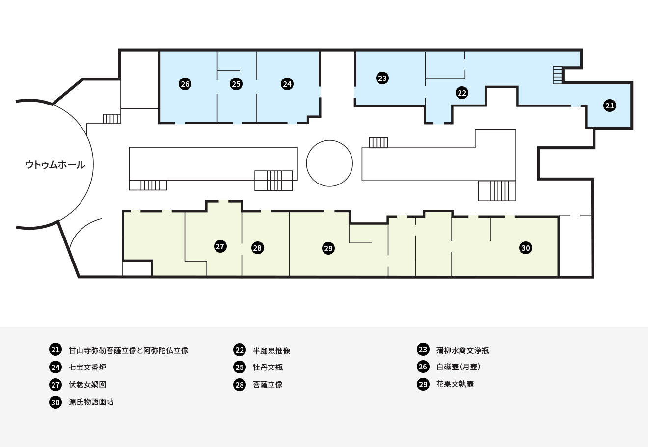 名品30選 3F
21 甘山寺弥勒菩薩立像と阿弥陀仏立像
22 半跏思惟像
23 蒲柳水禽文浄瓶
24 七宝文香炉
25 牡丹文瓶
26 白磁壺
27 伏羲女媧図
28 菩薩立像
29 花果文執壺
30 源氏物語画帖