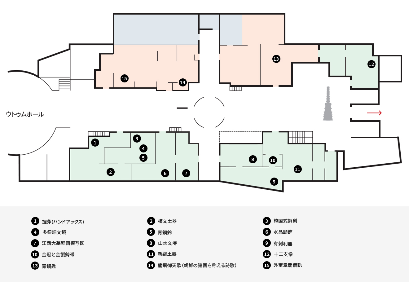 独创性的24件 1F
1 ハンドアックス
2 櫛文土器
3 韓国式銅剣
4 多鈕細文鏡
5 青銅鈴
6 水晶頸飾
7 江西大墓壁画模写図
8 山水文塼
9 有刺利器
10 金冠と金製銙帯
11 新羅土器
12 十二支像
13 青銅匙
14 龍飛御天歌
15 外奎章閣儀軌